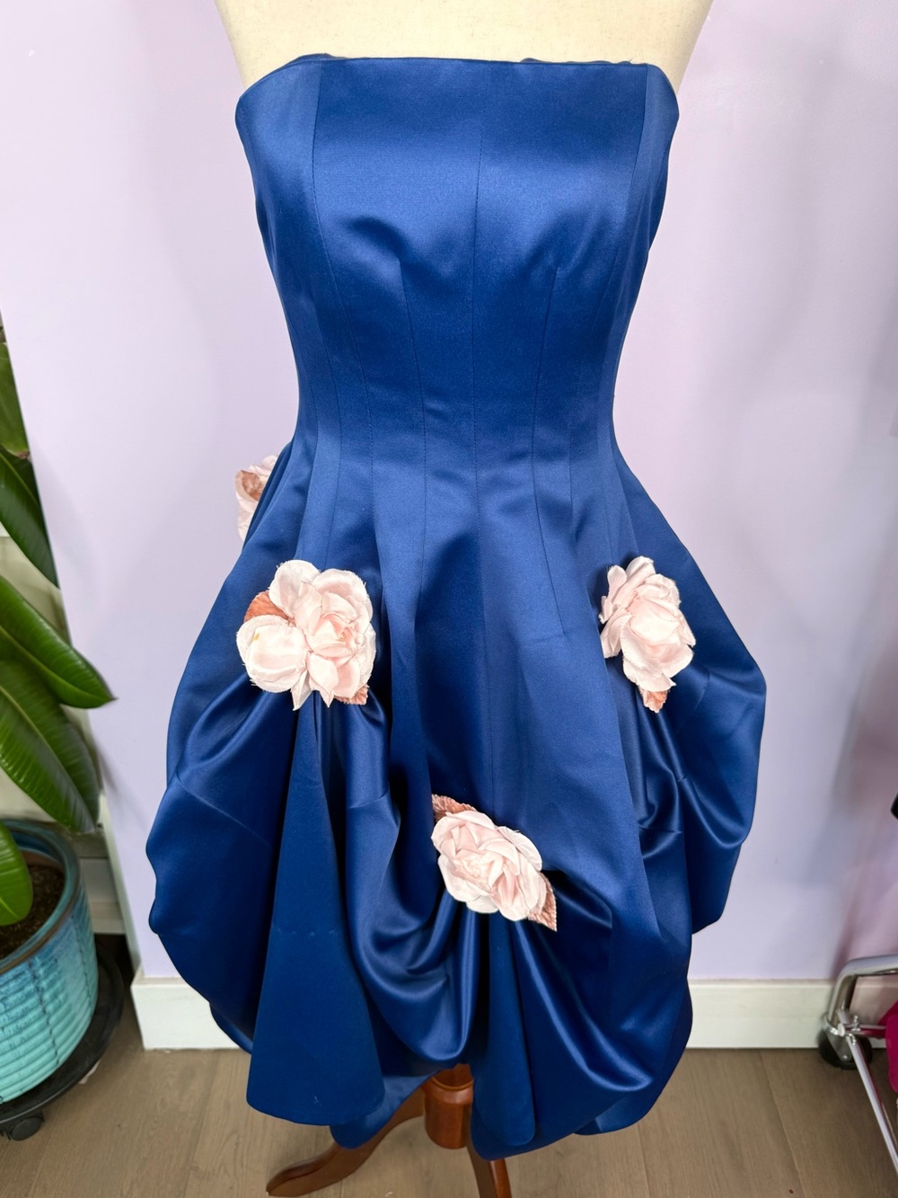 *RARE* Betsey Johnson Vintage Blue Satin Strapless Evening Gown w Pink Roses - Picture 2 of 5